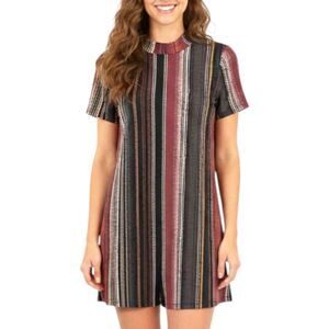 BCBG Brown & Red Stripe Shift Dress Short Sleeve 70s Retro Boho Mod Festival